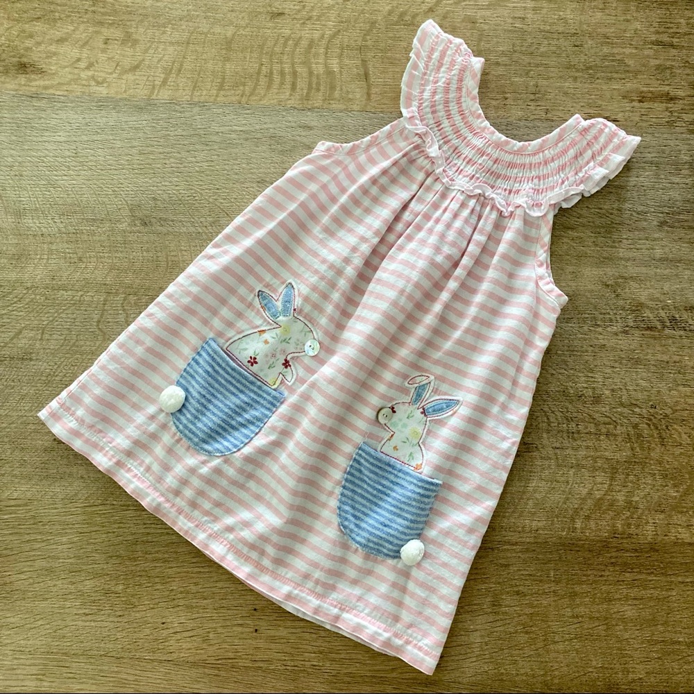 Mud Pie Pink Stripe Rabbits Pockets Dress